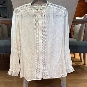 White Button-Up Blouse with Crochet Detailing